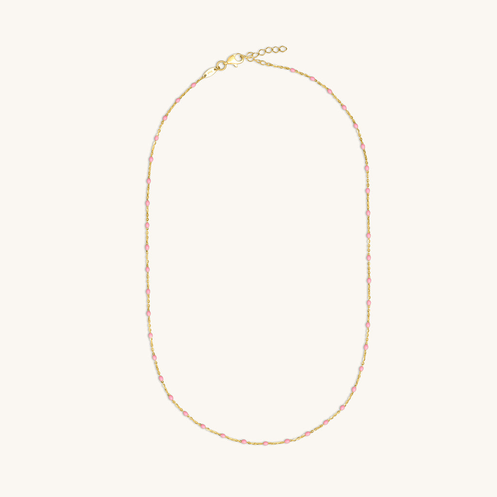 Full length 18K gold raindrop necklace with pink enamel beads and adjustable chain