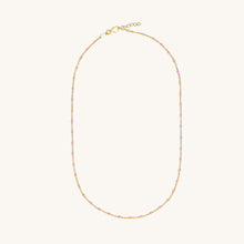 Load image into Gallery viewer, Full length 18K gold raindrop necklace with pink enamel beads and adjustable chain