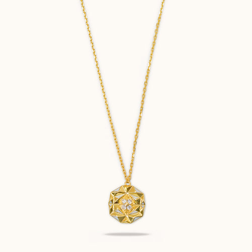 Slopes diamond necklace in 18K gold with geometric pendant and white enamel detailing