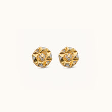 Load image into Gallery viewer, 18K gold diamond stud earrings with geometric slopes design and white enamel detailing
