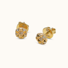 Load image into Gallery viewer, Back view of 18K gold diamond stud earrings showing secure post and screw backing , showing  750 hallmark 