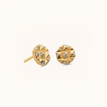 Load image into Gallery viewer, Side angle view of 18K gold diamond stud earrings with faceted geometric design