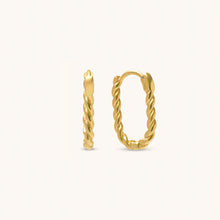Load image into Gallery viewer, Side profile of twisted 18K gold hoop earrings showing rope texture