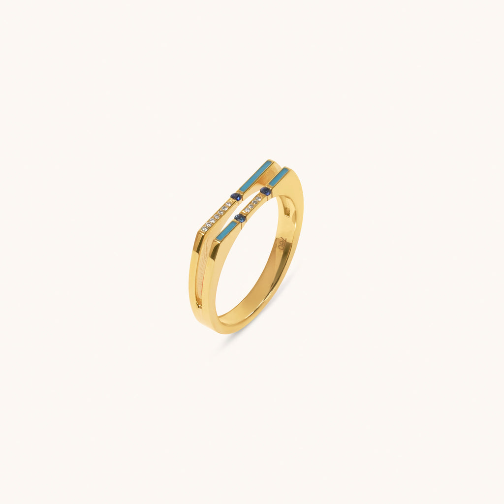 Versa diamond and blue sapphire ring in 18K gold with enamel and geometric design