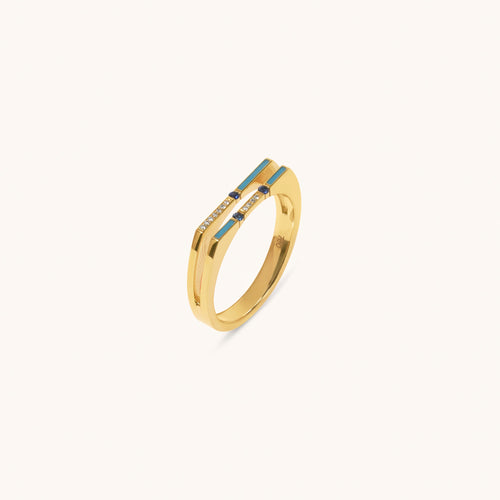 Versa diamond and blue sapphire ring in 18K gold with enamel and geometric design