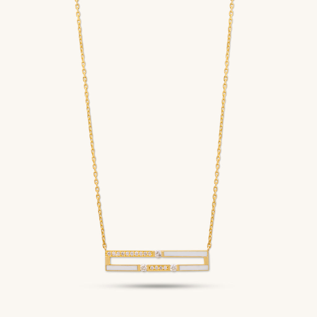 Front view of Versa Diamond Double Line gold necklace design crafted in 18K yellow gold with diamonds and white enamel