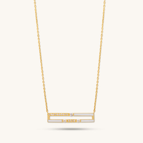 Front view of Versa Diamond Double Line gold necklace design crafted in 18K yellow gold with diamonds and white enamel