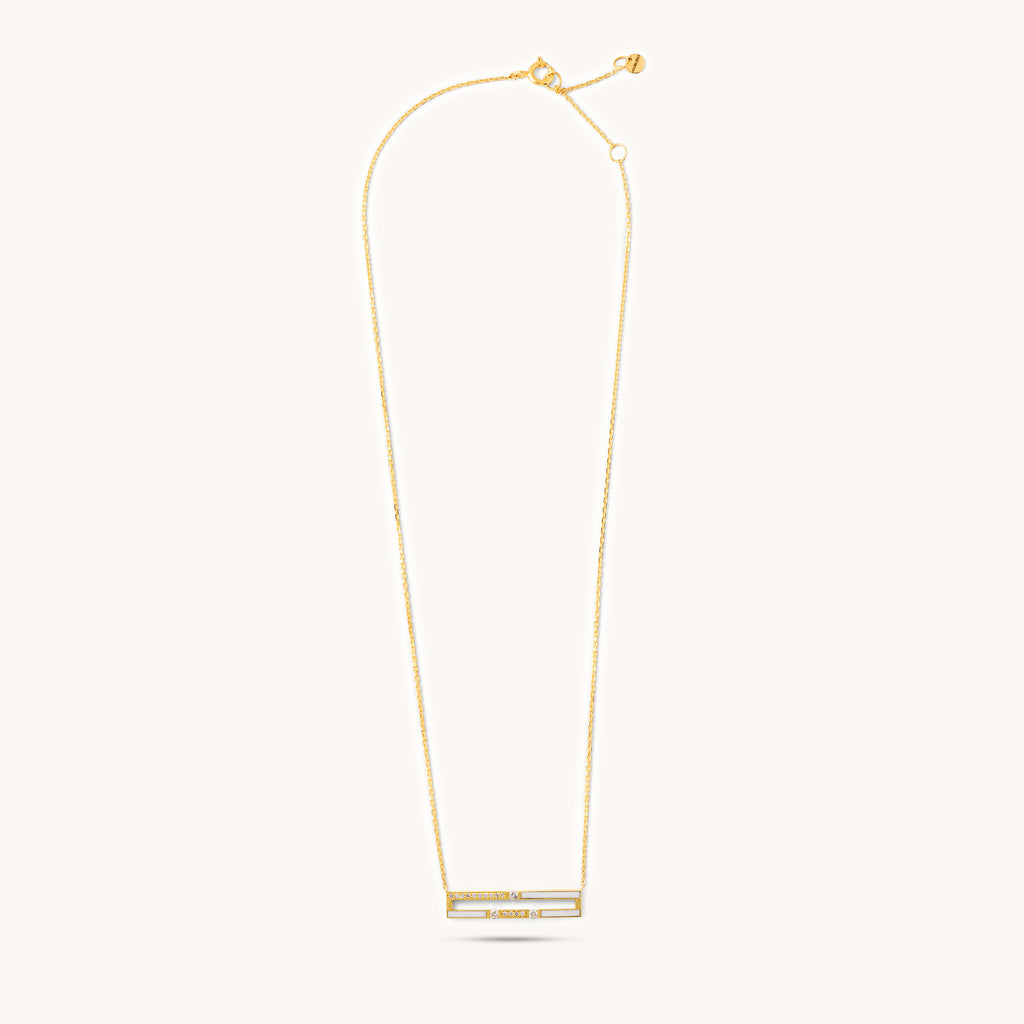 Full length view of Versa Diamond Double Line gold necklace design crafted in 18K yellow gold with diamonds and white enamel