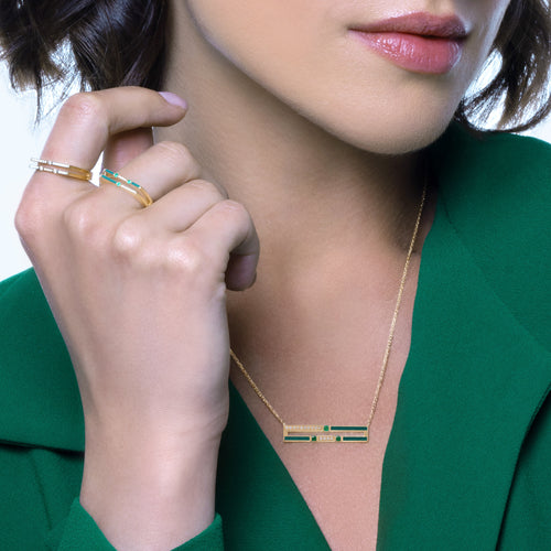 Women wearing Versa Diamond & Emerald Double Line gold necklace design showing elegant layered look in 18K gold