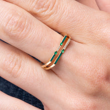 Load image into Gallery viewer, Versa diamond and emerald ring worn on hand in 18K gold with enamel accents