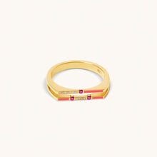Load image into Gallery viewer, Side view of Versa diamond and pink sapphire ring showing 750 hallmark ,  18K gold band and enamel profile