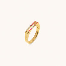 Load image into Gallery viewer, Top view of Versa 18K gold ring featuring diamonds, pink sapphire stones, and enamel design