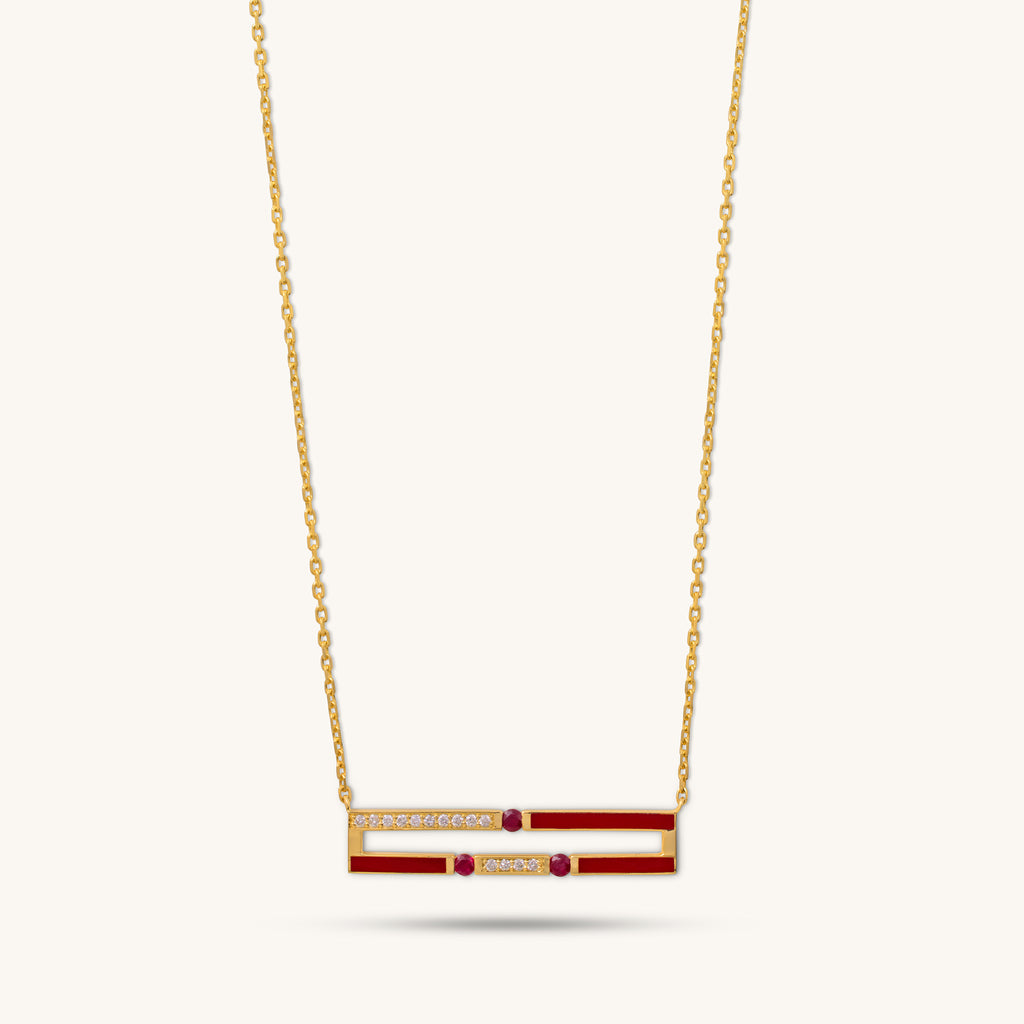 Front view of Versa diamond and ruby double line necklace in 18K gold with enamel