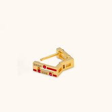 Load image into Gallery viewer, Clasp and hinge detail of Versa Diamond and Rubies gold hoop earrings in 18K yellow gold