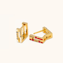 Load image into Gallery viewer, Side view of Versa diamond and ruby hoop earrings showing hinge and clasp detail