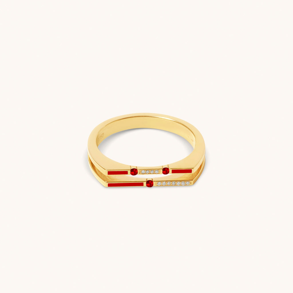 Versa diamond and ruby ring showing side view of 18K gold design with enamel and stones