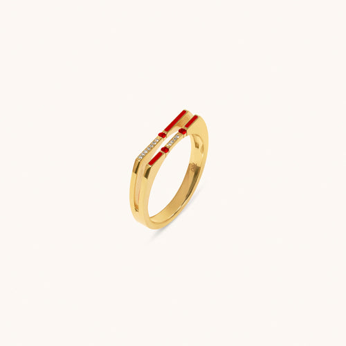 Top view of Versa diamond and ruby ring in 18K gold with enamel detailing