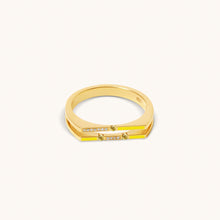 Load image into Gallery viewer, Versa diamond and yellow sapphire ring showing side view of 18K gold design with enamel