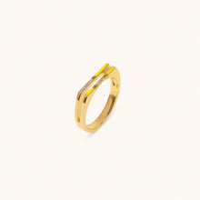 Load image into Gallery viewer, Top view of Versa diamond and yellow sapphire ring in 18K gold with yellow enamel