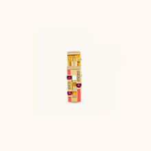 Load image into Gallery viewer, Front view of Versa Jazzy gold hoop earrings single piece crafted in 18K yellow gold with diamonds and blue pink sapphire enamel