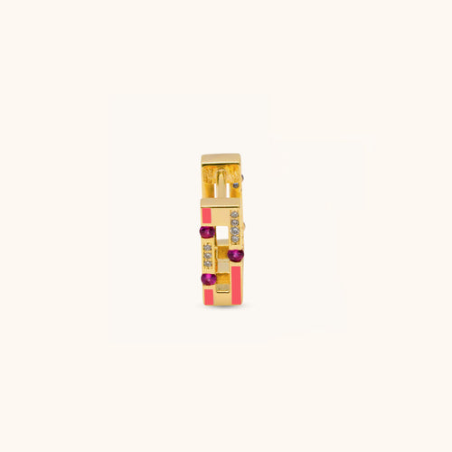 Front view of Versa Jazzy gold hoop earrings single piece crafted in 18K yellow gold with diamonds and blue pink sapphire enamel