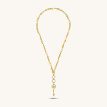 Load image into Gallery viewer, Full-length view of 18K yellow gold key necklace with white enamel pendant and elongated rectangular chain links
